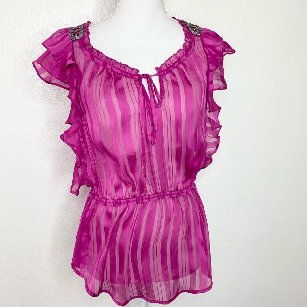 Bebe blouse hot pink ruffle sheer top